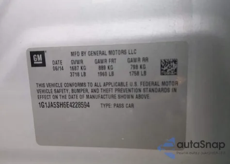 2014 Chevrolet Sonic Ls Auto из США, поврежденный, VIN 1G1JA5SH6E4228594